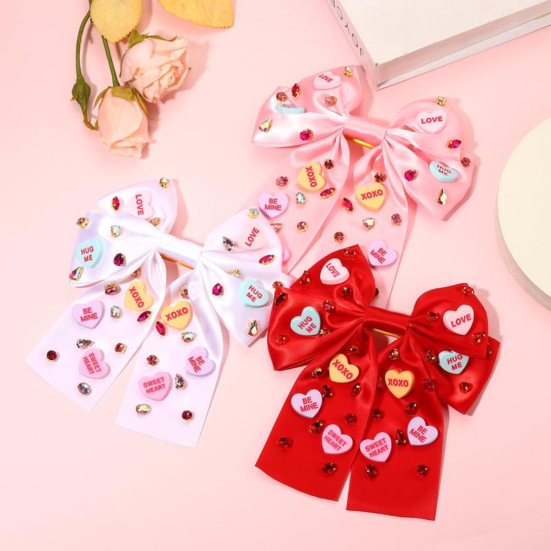 YAHPERN 3PCS Valentine’s Day Hair Bow Clips for Women Conversation Heart Hair Clips Jeweled Crystal Hair Bows Stain Red Pink Hair Ribbon Bow Barrettes Valentine’s Day Outfits Accessories Gifts - Image 3